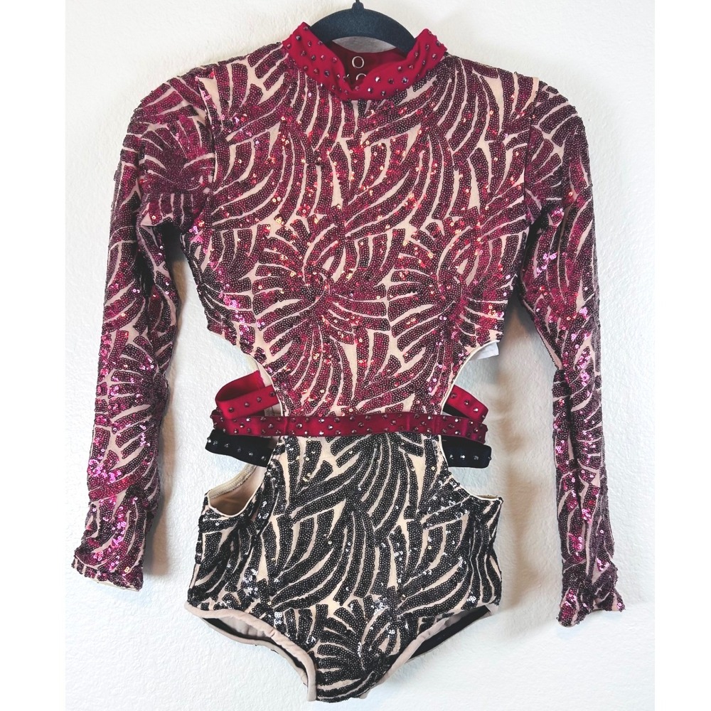 Tenth House Burgundy Black Sequin Cutout Dance Theater Leotard TH22062 SZ Small